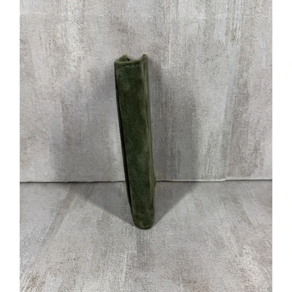 English Leather Green Suede Zip Around Card Holder Wallet Gold Corners Vintage